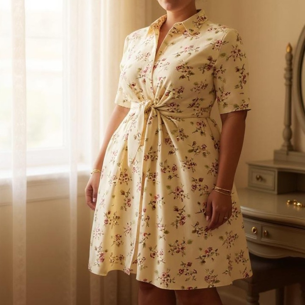 LAUREN RALPH LAUREN Floral Flare Shirt Dress Women Linen Front Knot 3/4 sleeve - Picture 4 of 8